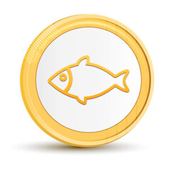 Fish icon gold round button golden coin shiny frame luxury concept abstract illustration isolated on white background