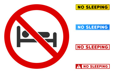 No Sleeping sign with titles in rectangular frames. Illustration style is a flat iconic symbol inside red crossed circle on a white background. Simple No Sleeping vector sign, designed for rules,