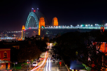 Sydney Harbour bridge at night view from Observatory Hill looking down Lower Fort street.