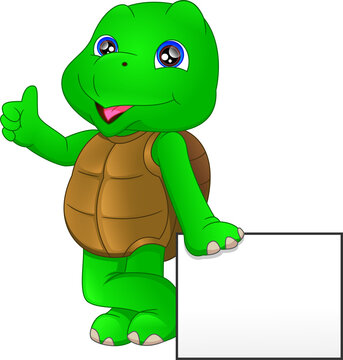 cute green turtle cartoon with blank sign