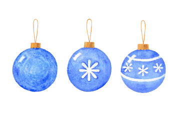 Three christmas blue balls isolated on white background