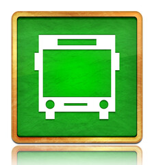 Bus icon chalk board green square button slate texture wooden frame concept isolated on white background with shadow reflection