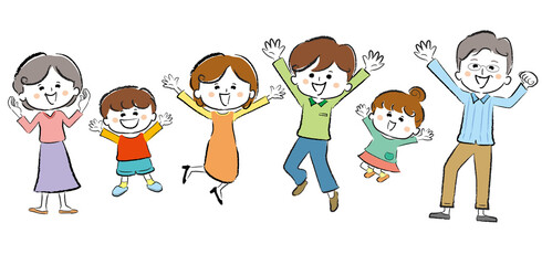 Cute illustrations of a happy smiling 3rd generation family