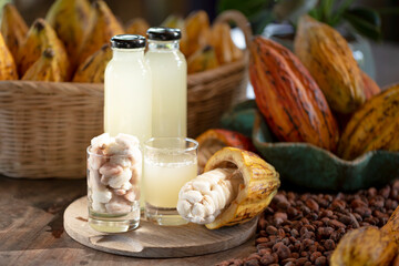 Fresh cocoa juice and fresh cocoa for making drinks. selective focus.