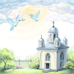 illustration for a postcard, with a church, suitable for baptism, first communion