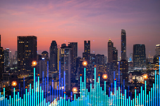 Market behavior graph hologram, sunset panoramic city view of Bangkok, popular location to achieve financial degree in Asia. The concept of financial data analysis. Double exposure.