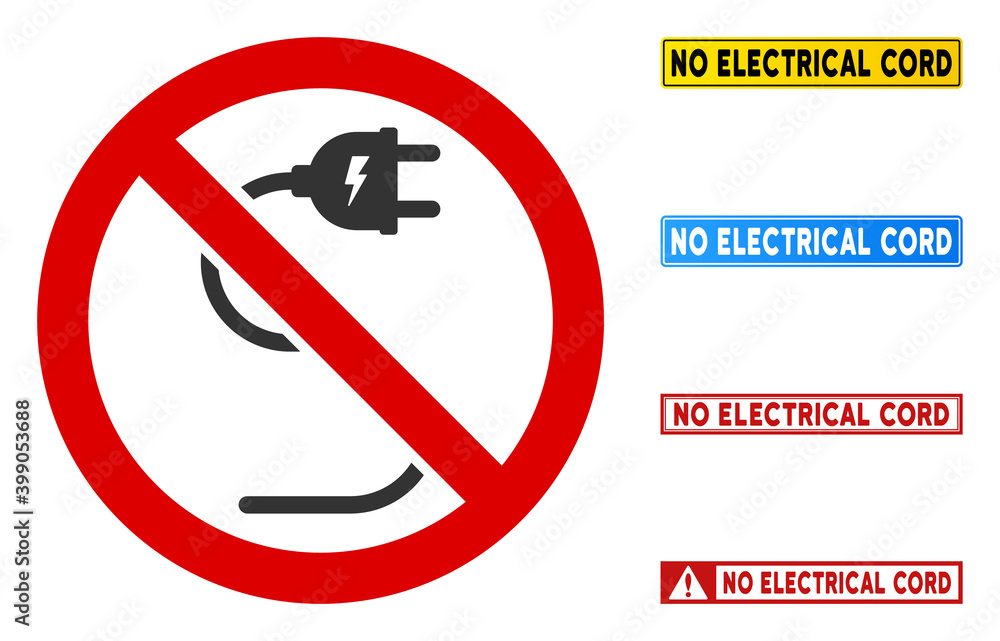 Poster no electrical cord sign with words in rectangular frames. illustration style is a flat iconic symbol