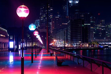 Colourful lights, light the way to the Opera house at night during Vivid Festival.