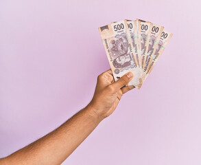 Hispanic hand holding 500 mexican pesos  banknotes over isolated pink background.
