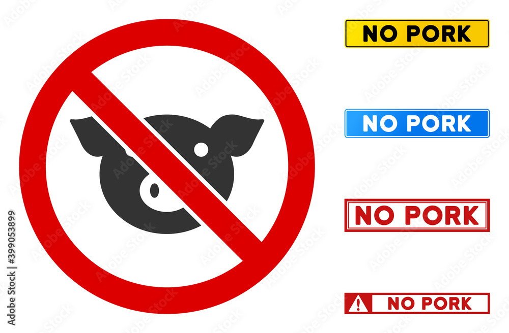 Poster no pig sign with texts in rectangular frames. illustration style is a flat iconic symbol inside red 
