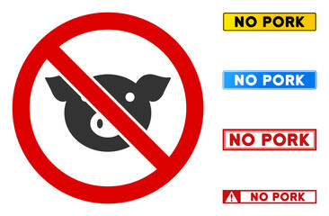 No Pig sign with texts in rectangular frames. Illustration style is a flat iconic symbol inside red crossed circle on a white background. Simple No Pig vector sign, designed for rules, restrictions,