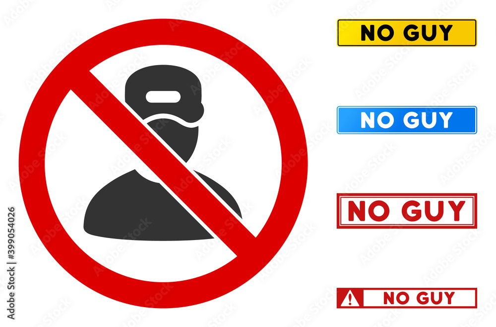 Aufkleber no guy sign with messages in rectangle frames. illustration style is a flat iconic symbol inside red