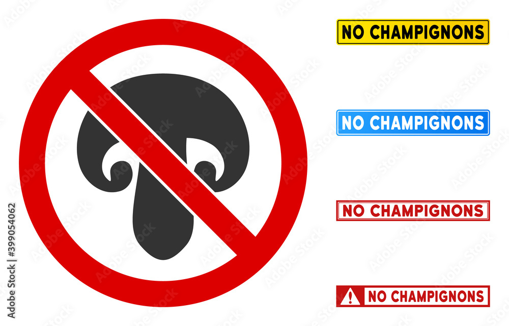 Poster no champignon mushroom sign with messages in rectangular frames. illustration style is a flat iconic