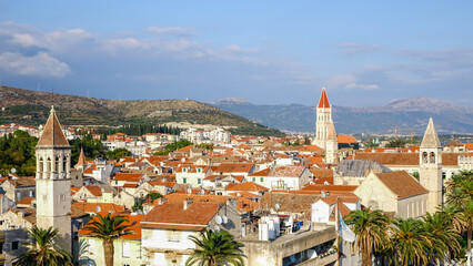 Panoramic view of Trogir old town with rooftops nad bell tower