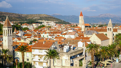 Aerial view of Trogir town from Tower Kamerlengo with roof tops and bell tower