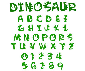 Dinosaur font vector. Green letters and numbers of prehistoric reptile. 