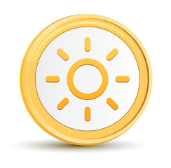 Screen brightness sun icon gold round button golden coin shiny frame luxury concept abstract illustration isolated on white background