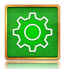 Settings icon chalk board green square button slate texture wooden frame concept isolated on white background with shadow reflection