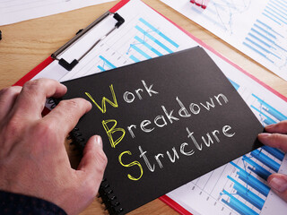 Work Breakdown Structure WBS is shown on the business photo using the text