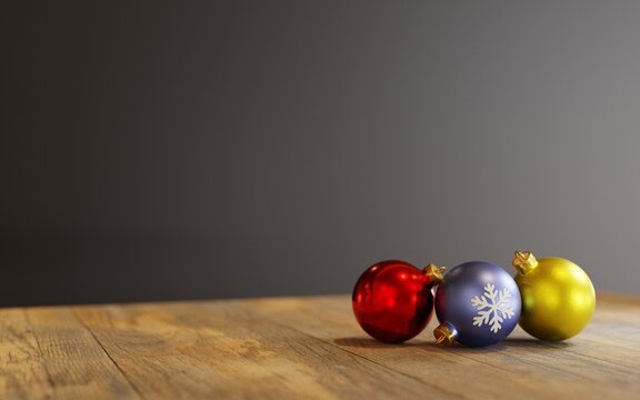 3D rendering, Christmas ornaments balls on a wooden table