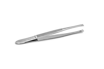 Metal tweezers for eyebrow correction and removal of small hairs isolated on white background. Cosmetology tools, personal care, hair removal.
