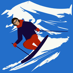 Skier, mountains - abstract background, brush stroke - art, vector. Winter sport.