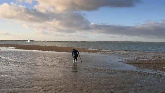 A person metal detecting at low tide near West Wittering and using the detector under the water.