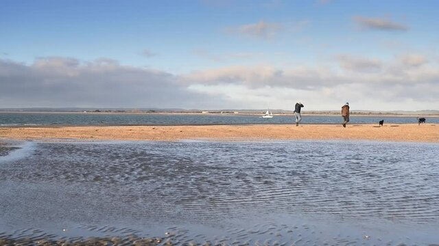 Low Tide at East Head near West Wittering with dog walkers enjoying the sunny and calm winter day.