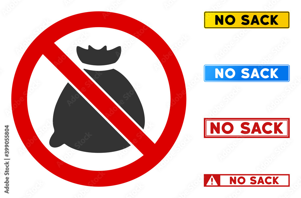 Poster no sack sign with badges in rectangle frames. illustration style is a flat iconic symbol inside red 