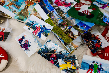 Photo album in remembrance and nostalgia in Christmas, winter season, on wood floor. photo of retro camera - vintage and retro style, top view