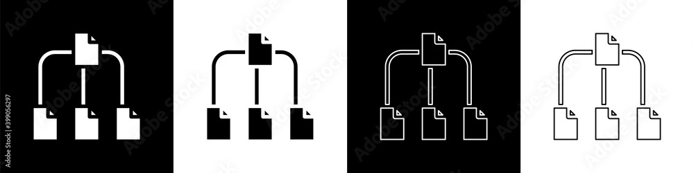Aufkleber set folder tree icon isolated on black and white background. computer network file folder organizati
