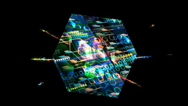 Quantum computer in the cube futuristic technology digital layer dimension holographic process and analysis for big data and abstract orange zone polygon background