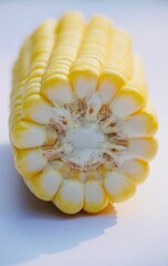 Closeup of a slice of sweet corn maize on the plate. Corn on the cob. Texture of cereals arranged in the pattern inside the cut section of sweet corn maize.