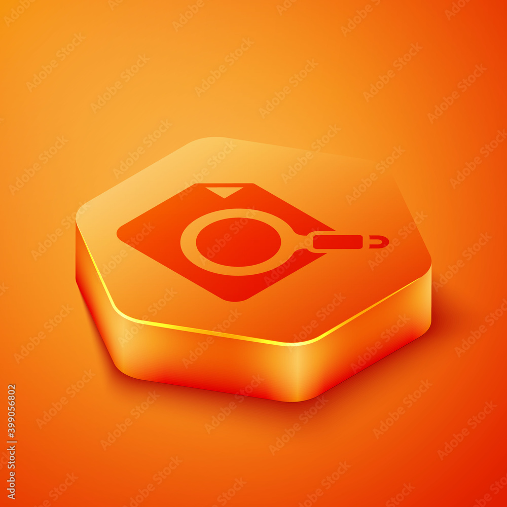 Poster isometric search concept with folder icon isolated on orange background. magnifying glass and docume