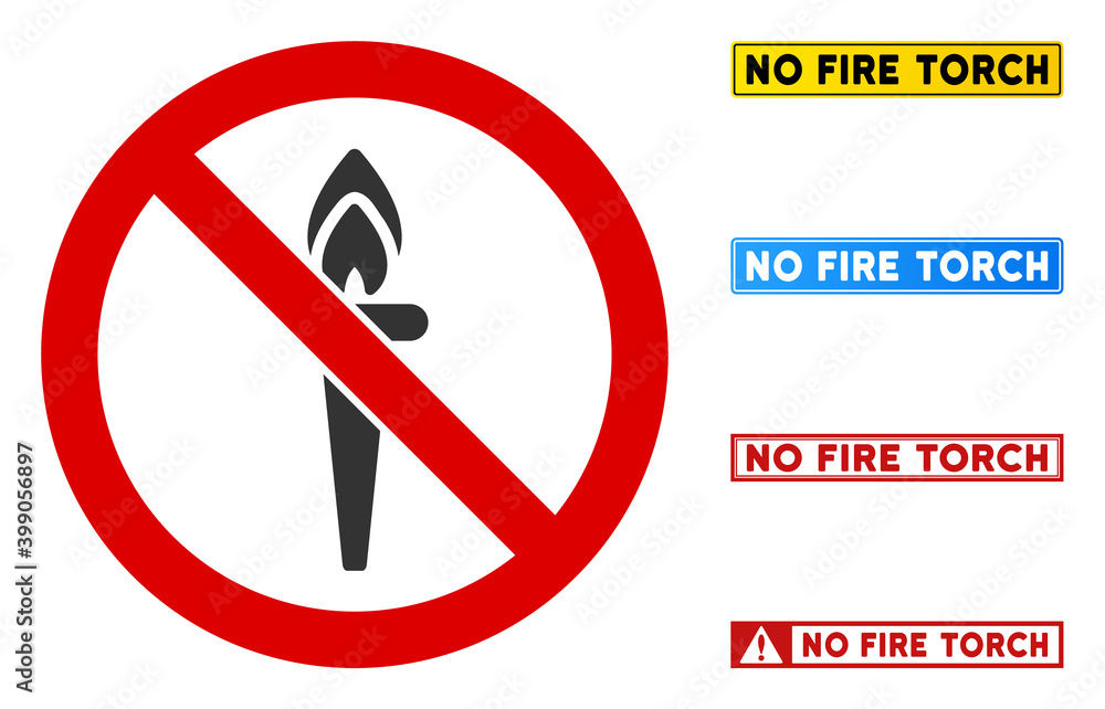 Poster no fire torch sign with texts in rectangular frames. illustration style is a flat iconic symbol insi