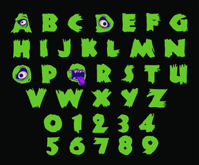 Zombie vector font. Scary letters and numbers of a green monster.