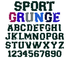 Sport grunge font vector. Varsity distressed font vector. Vintage college font, Sport alphabet, ragged edge letters and numbers. Sport design for t shirt.