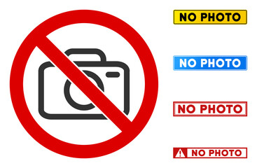 No Photo Camera sign with badges in rectangle frames. Illustration style is a flat iconic symbol inside red crossed circle on a white background. Simple No Photo Camera vector sign,