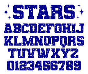 Stars font vector. College sports stars font alphabet letters and numbers. Sport design for t shirt.