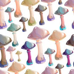 Seamless background with mushrooms. Beautiful single multi-colored mushrooms on a white background, isolated.