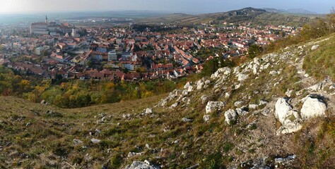 View of the city of Mikulov from the Holy Hill, Czech Republic. Mikulov Castle, city skyline.