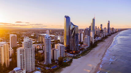 Sunset views over Gold Coast cityscape and beach