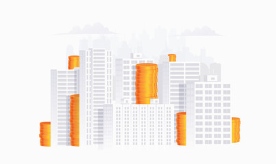 Real estate investment concept with minimalistic light city downtown landscape with stacks of golden coins. Concept for real estate website or banner or presentation. Vector illustration
