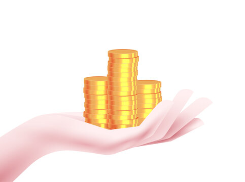 Money Rewarding Or Money Receiving Or Savings Or Earnings Concept With Side View Hand With Stacks Of Golden Coins. Modern Minimalistic Clean Vector Illustration