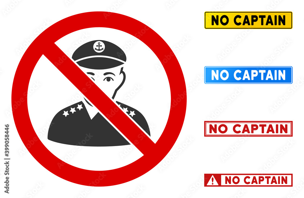Poster no captain sign with texts in rectangular frames. illustration style is a flat iconic symbol inside 