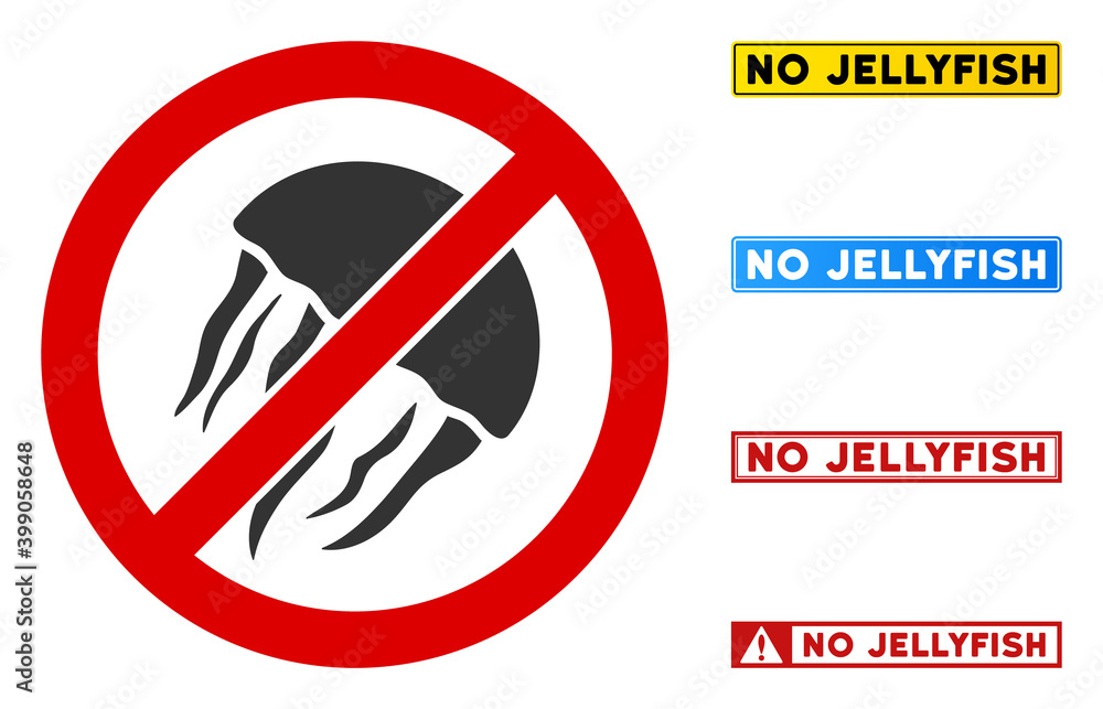 Poster no jellyfish sign with phrases in rectangular frames. illustration style is a flat iconic symbol ins