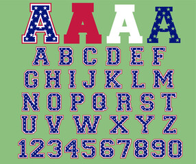 Sport font vector USA flag. Varsity font college United States Flag alphabet letters and numbers. American Flag Font