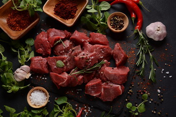 Diced raw beef with ingredients, herbs and spices