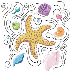 Obraz na płótnie Canvas Vector marine composition of yellow starfish, orange, pale pink, blue, green, purple seashells, sea water drops and black lines in cartoon doodle style