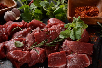 Diced raw beef with ingredients, herbs and spices